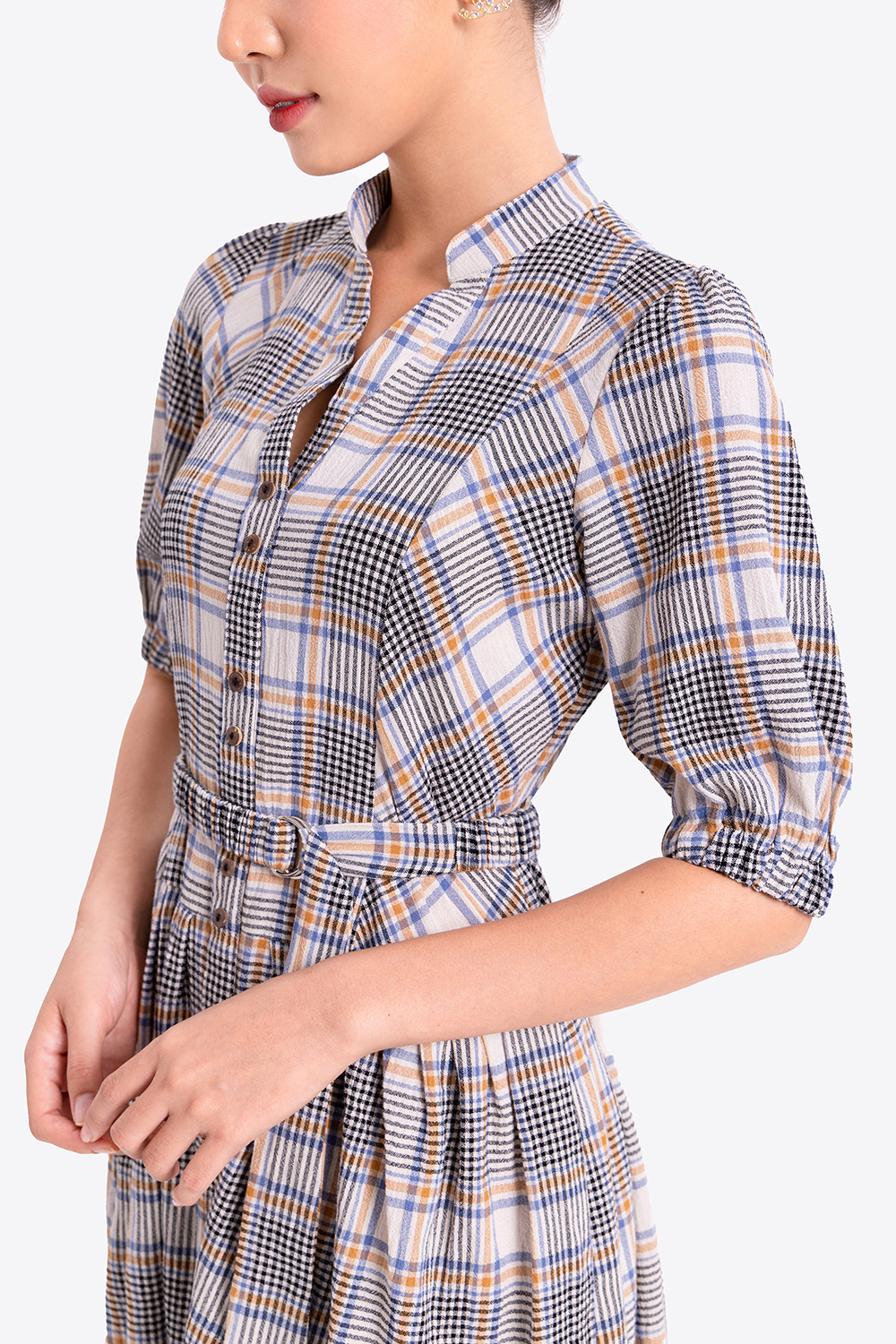 Đầm sơ mi kẻ phối dây thắt lưng 