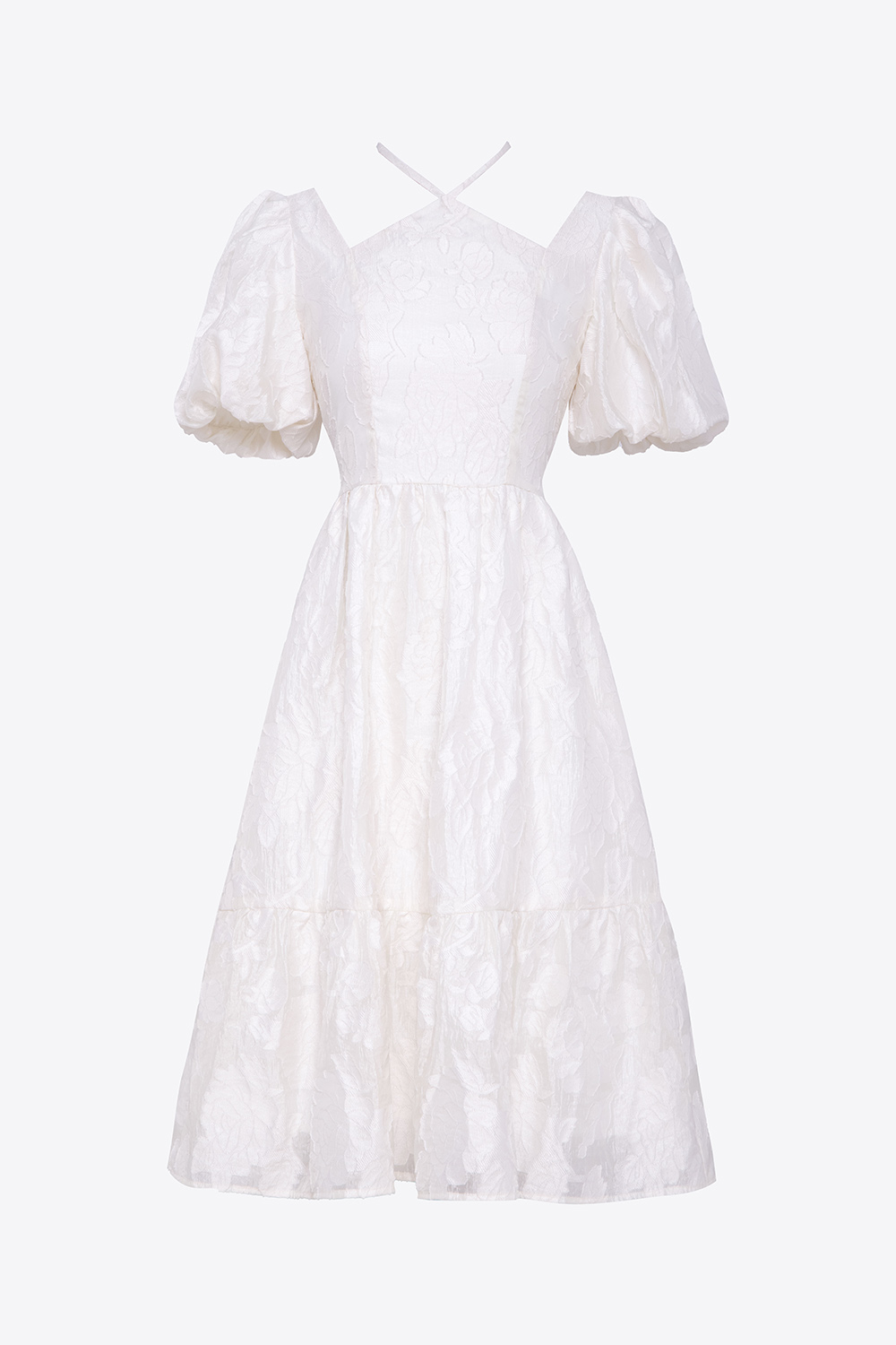 Đầm trắng dự tiệc cổ phối dây nơ tay phồng 