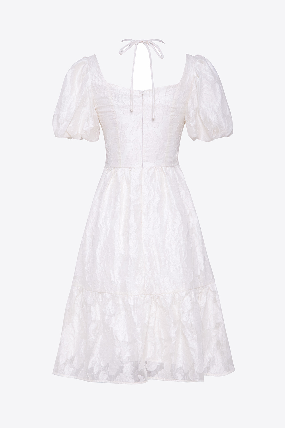 Đầm trắng dự tiệc cổ phối dây nơ tay phồng 