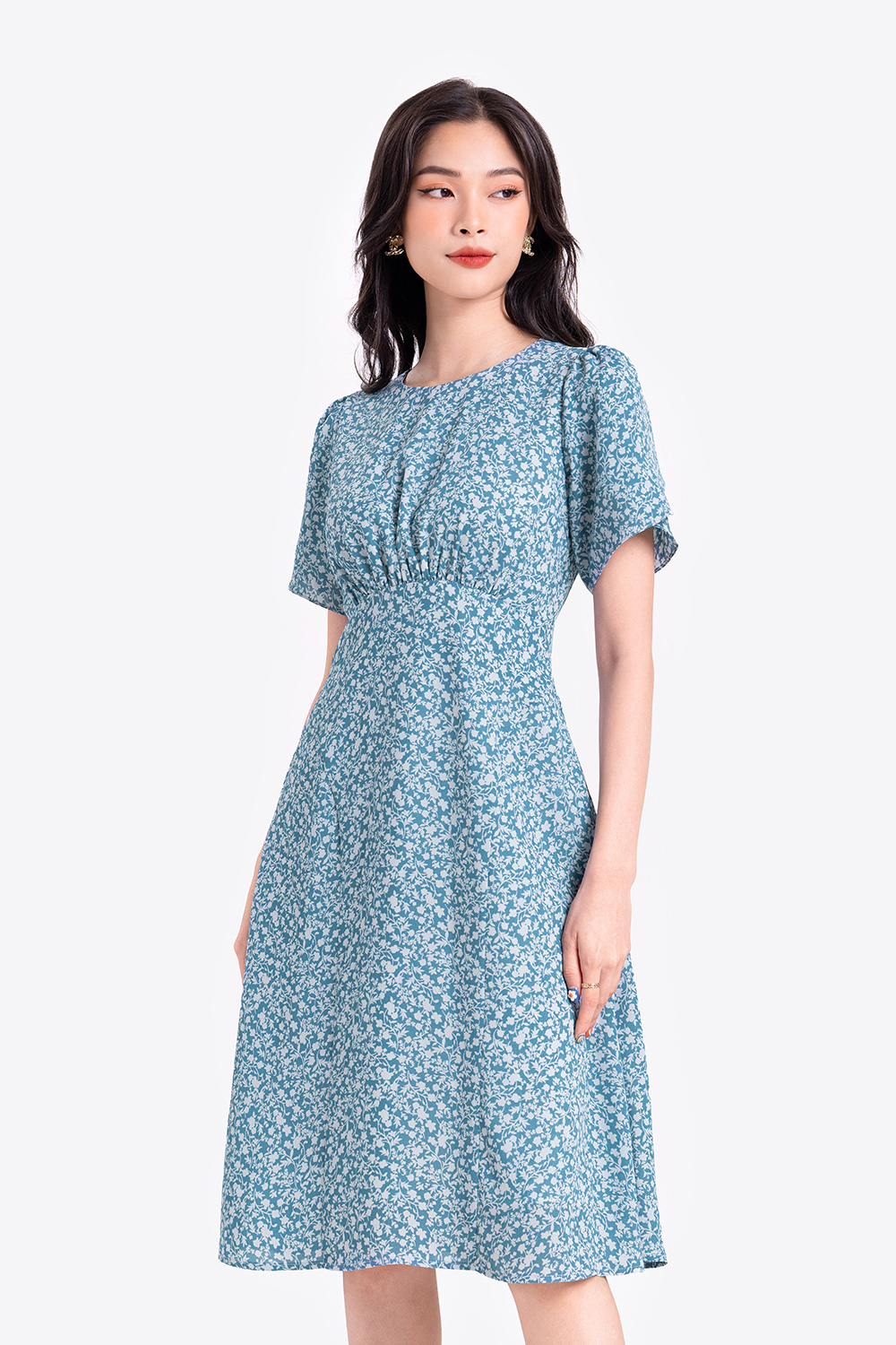 Đầm hoa nhí dáng chữ A eo cao 