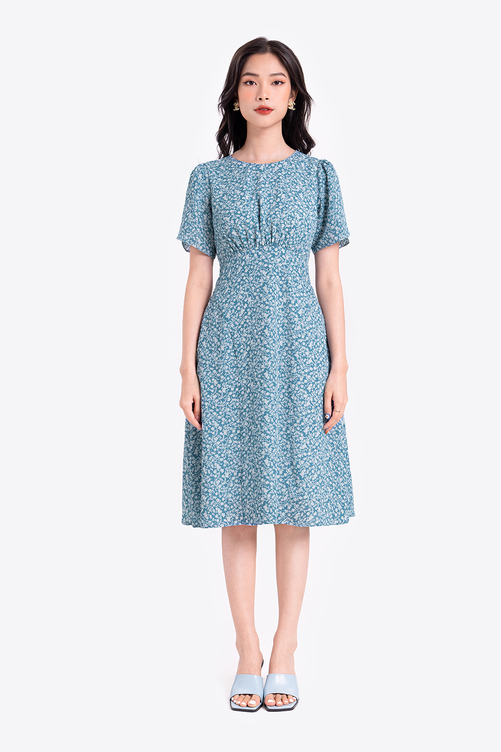 Đầm hoa nhí dáng chữ A eo cao 