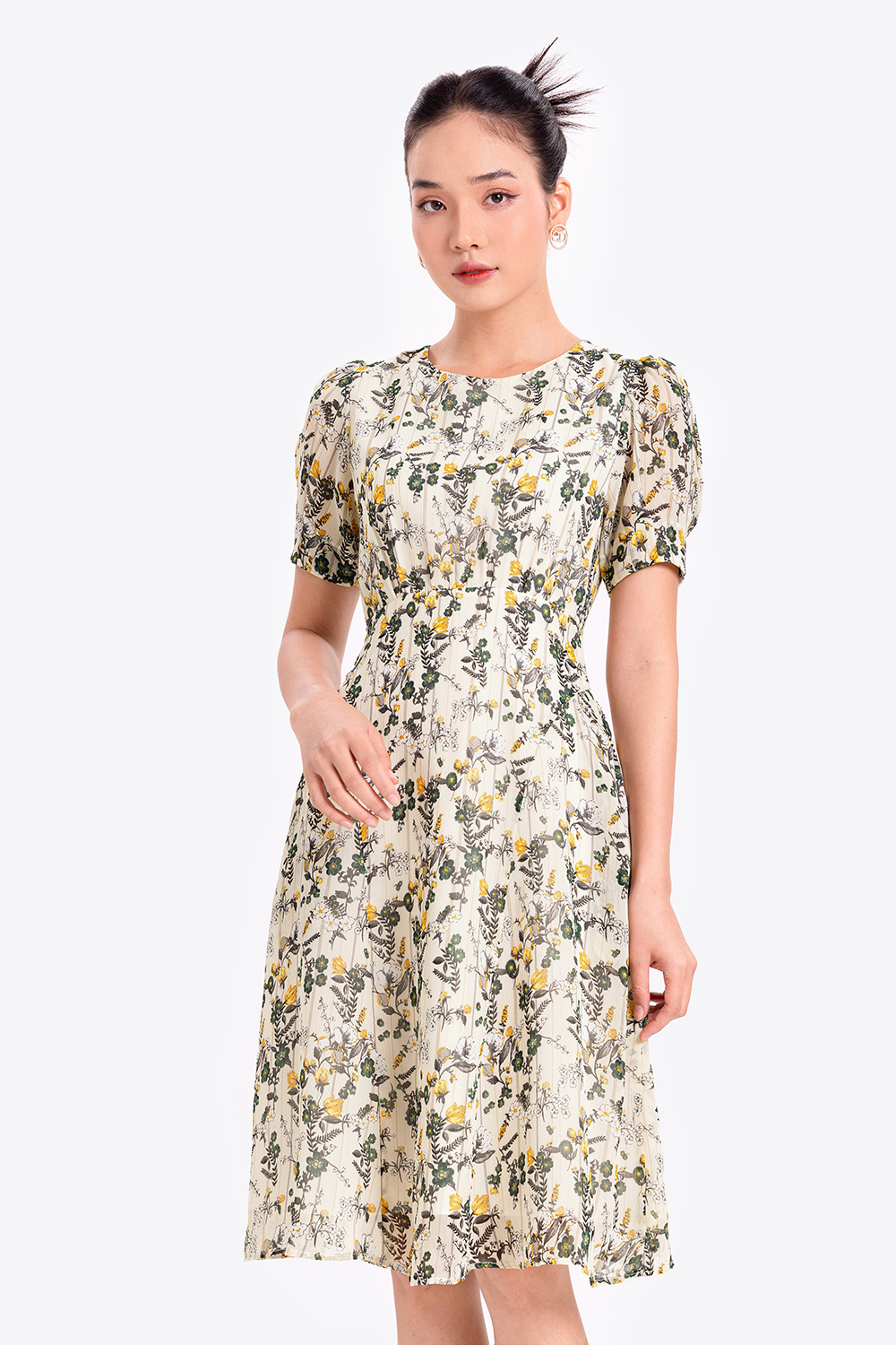 Đầm hoa công sở tay phồng 