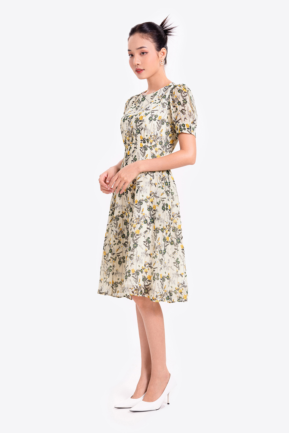 Đầm hoa công sở tay phồng 