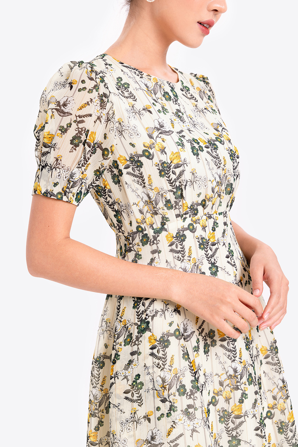 Đầm hoa công sở tay phồng 