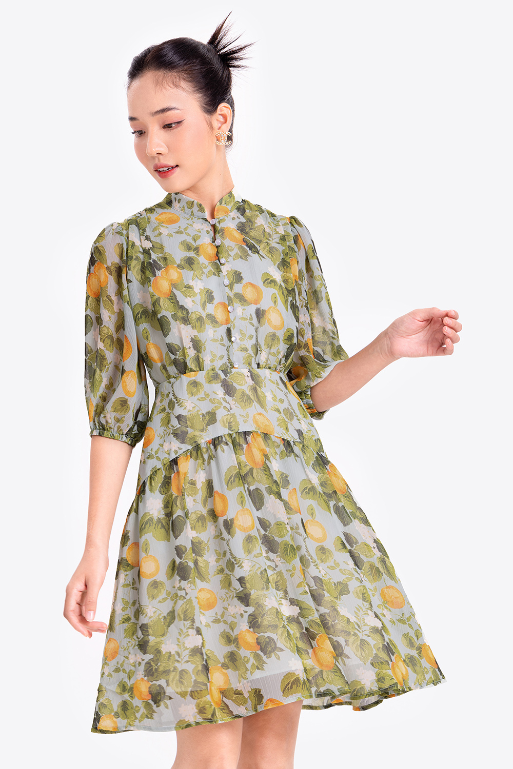 Đầm xòe nhấn eo họa tiết quả chanh 