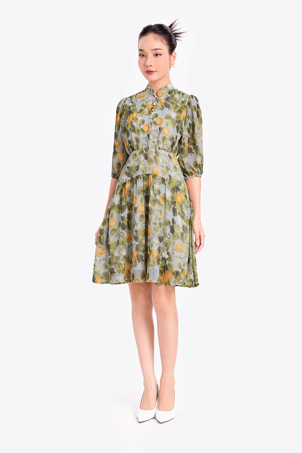 Đầm xòe nhấn eo họa tiết quả chanh 