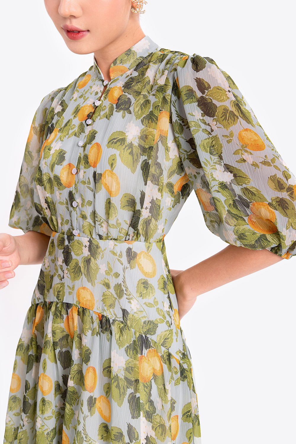 Đầm xòe nhấn eo họa tiết quả chanh 