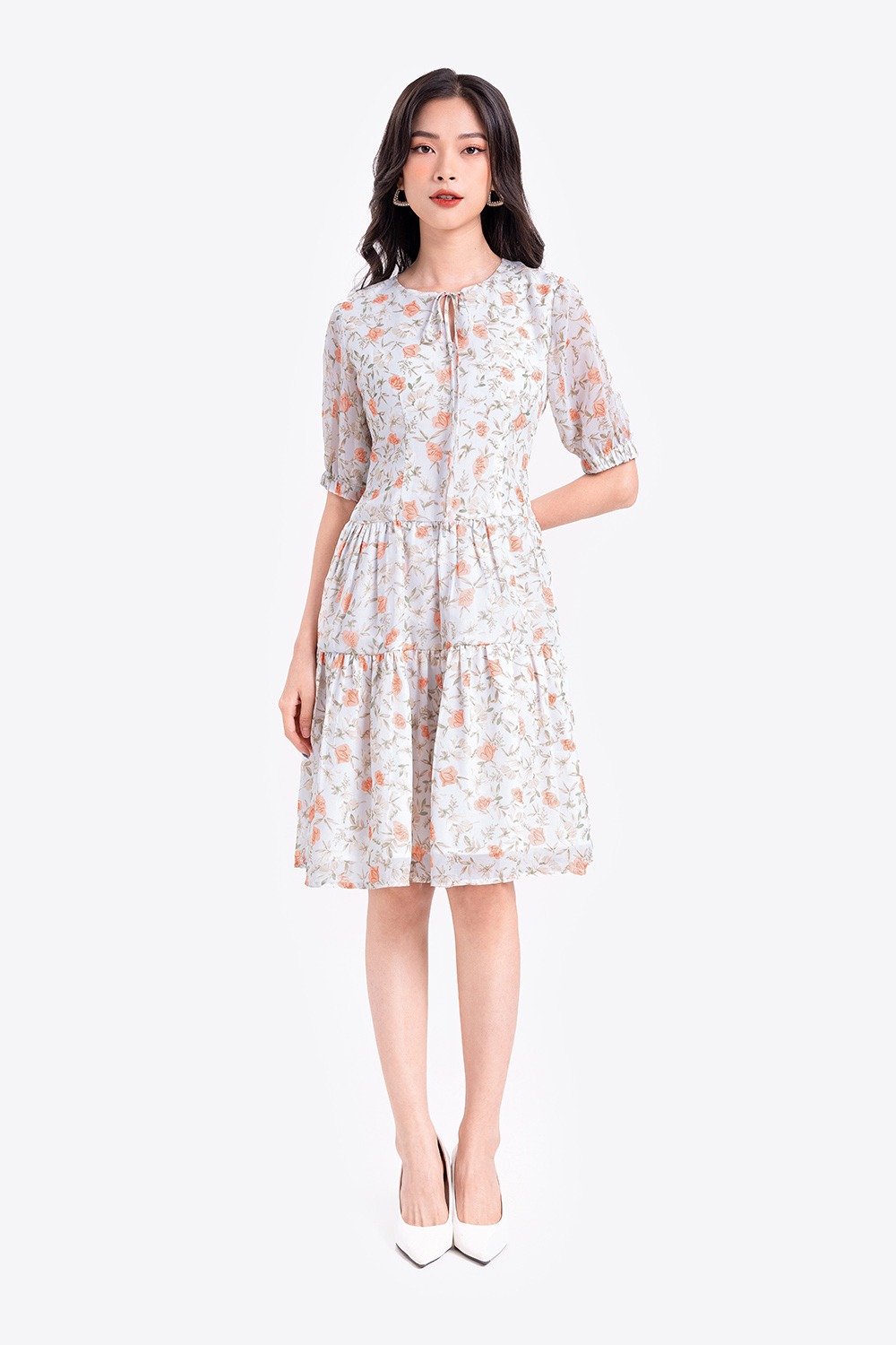 Đầm công sở họa tiết hoa dáng A hạ eo 