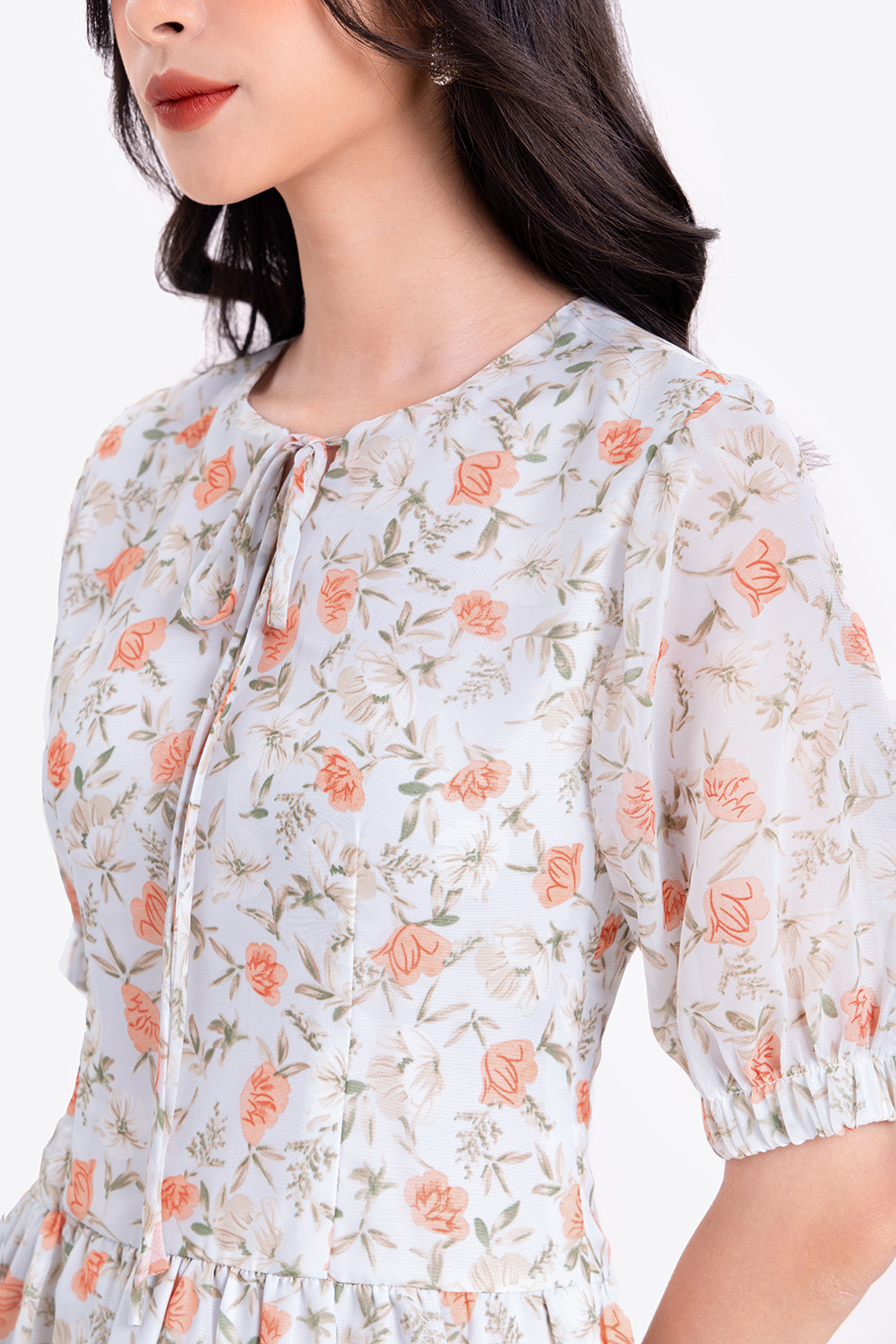 Đầm công sở họa tiết hoa dáng A hạ eo 