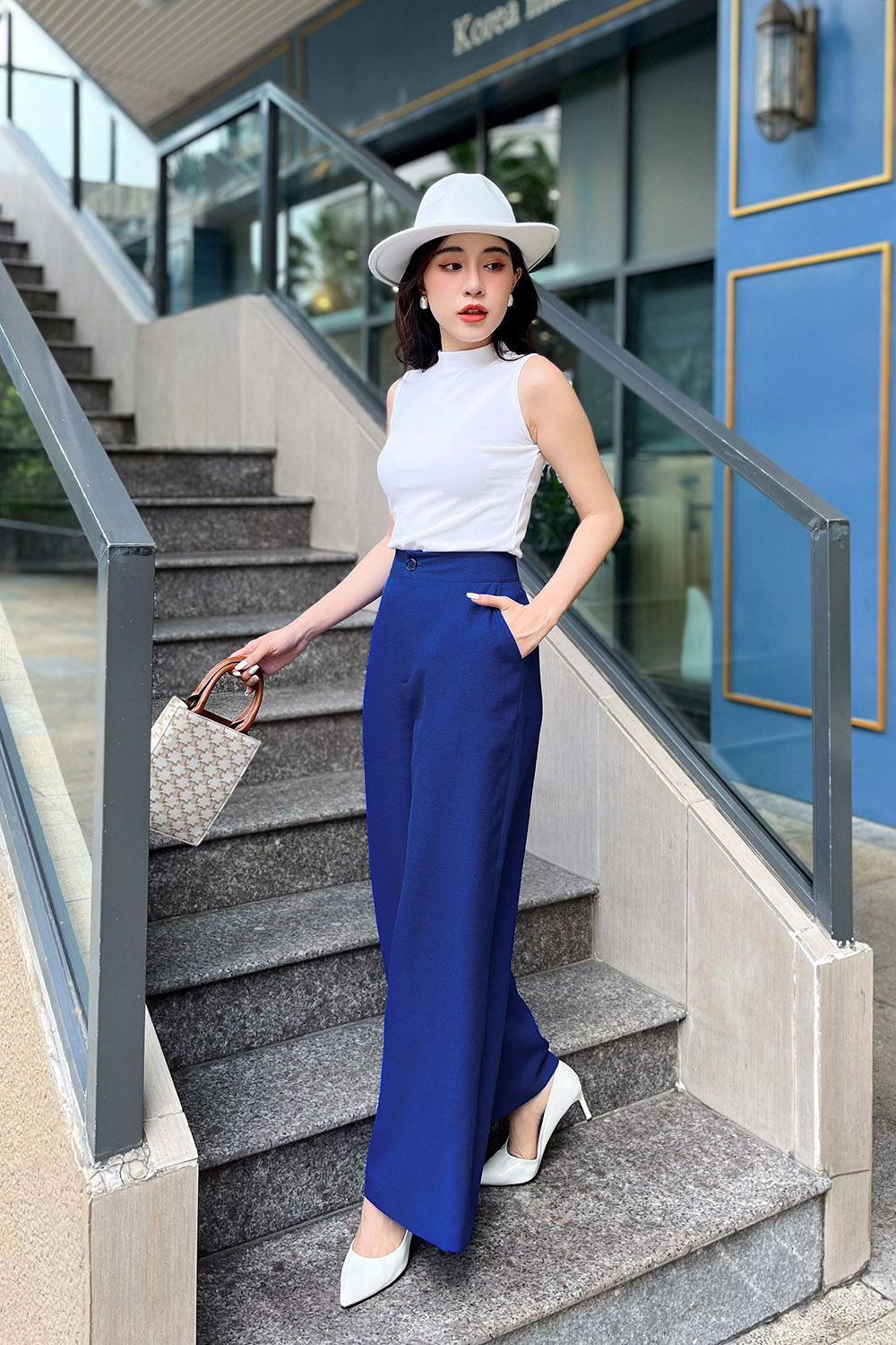 Quần tây công sở nữ ống suông màu xanh 