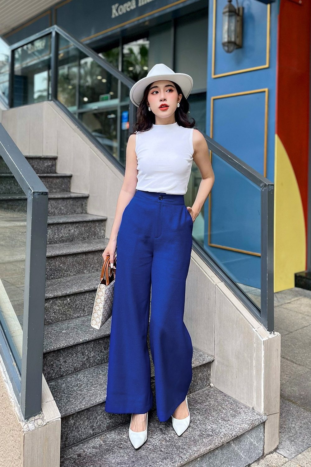 Quần tây công sở nữ ống suông màu xanh 