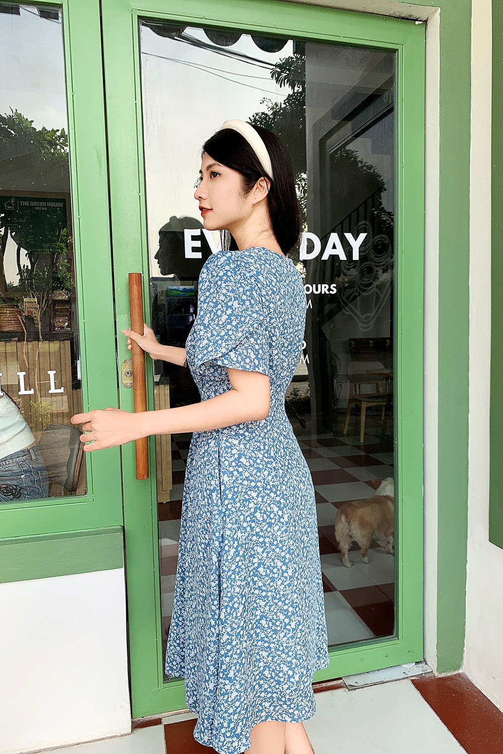 Đầm hoa nhí dáng chữ A eo cao 