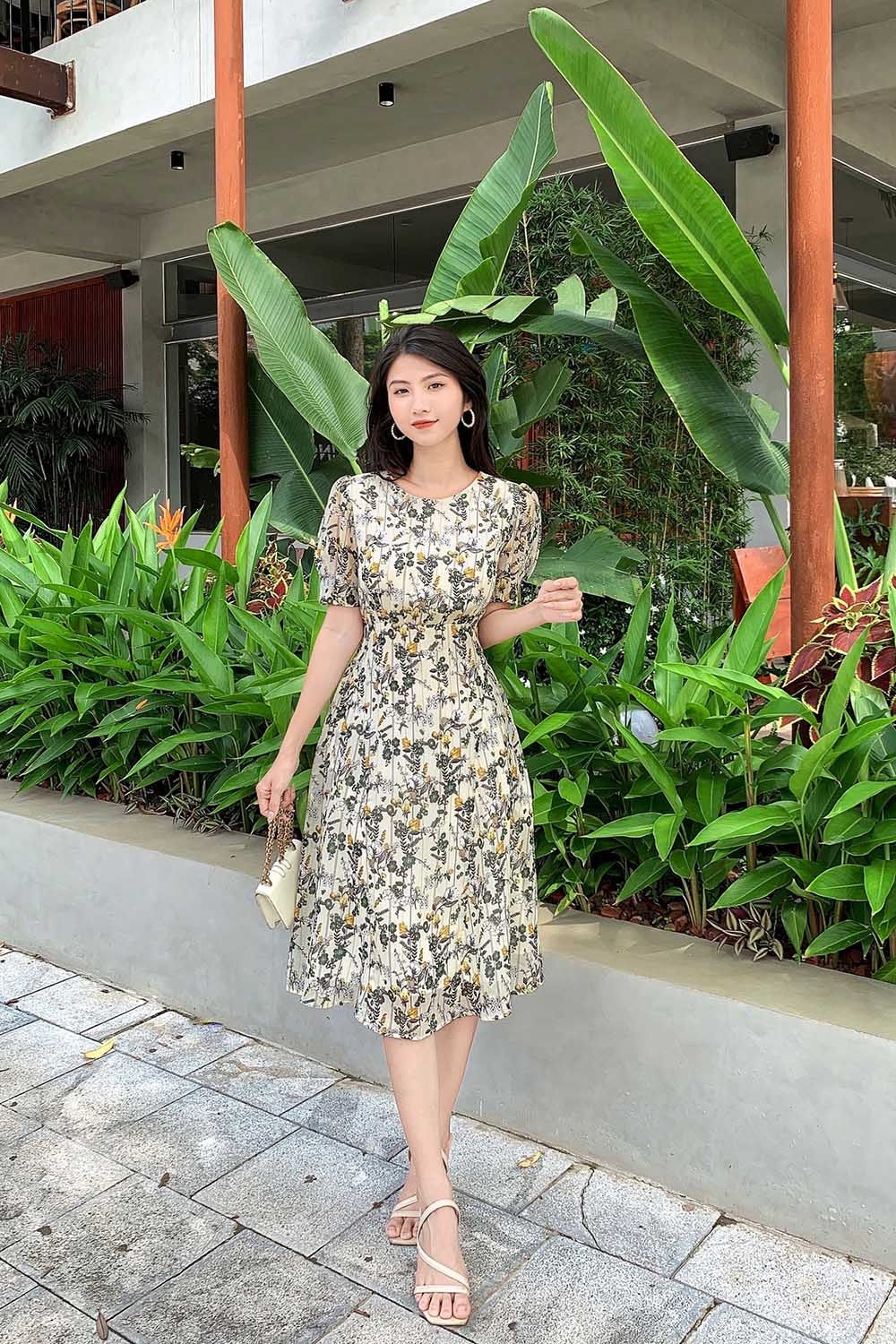 Đầm hoa công sở tay phồng 