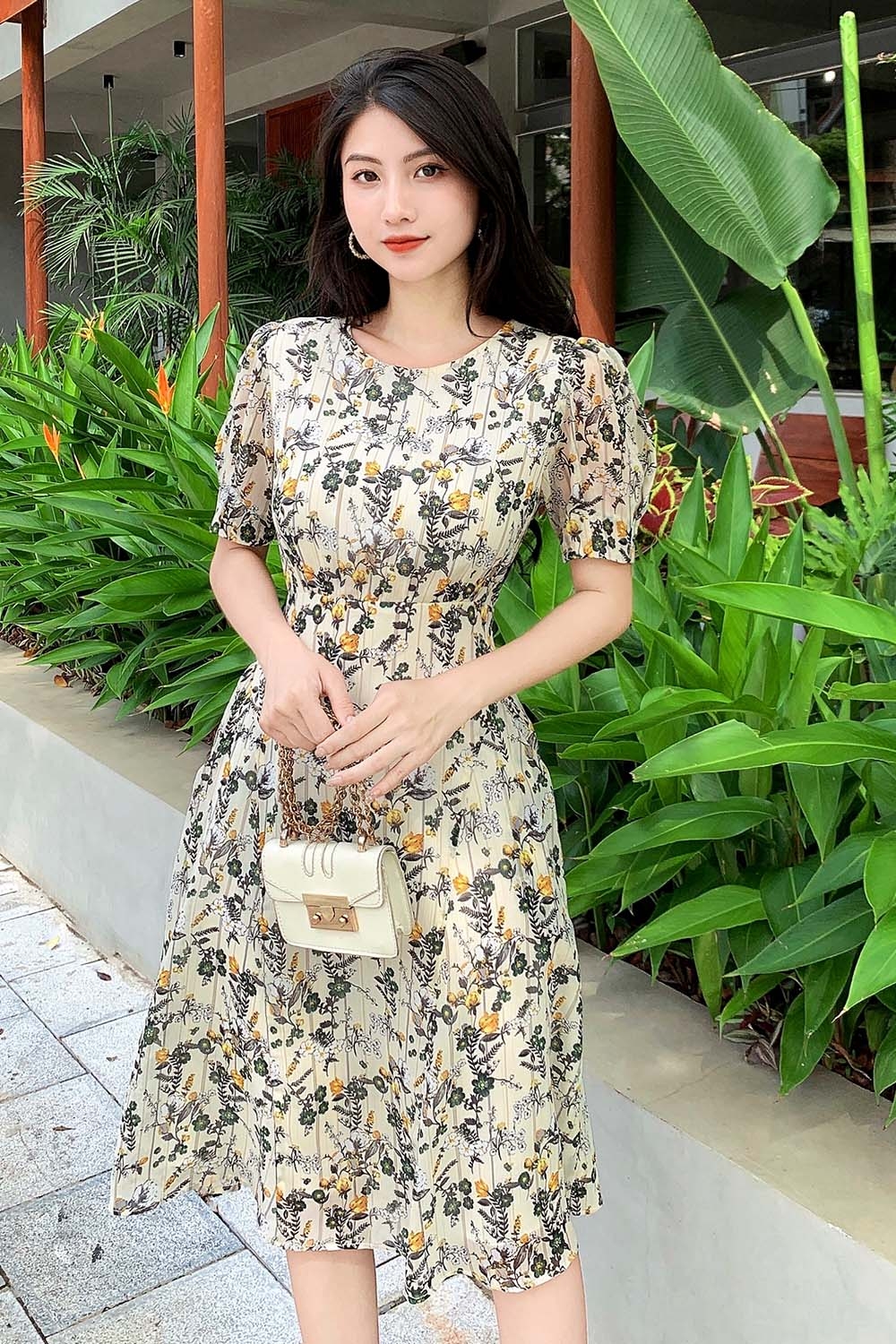 Đầm hoa công sở tay phồng 