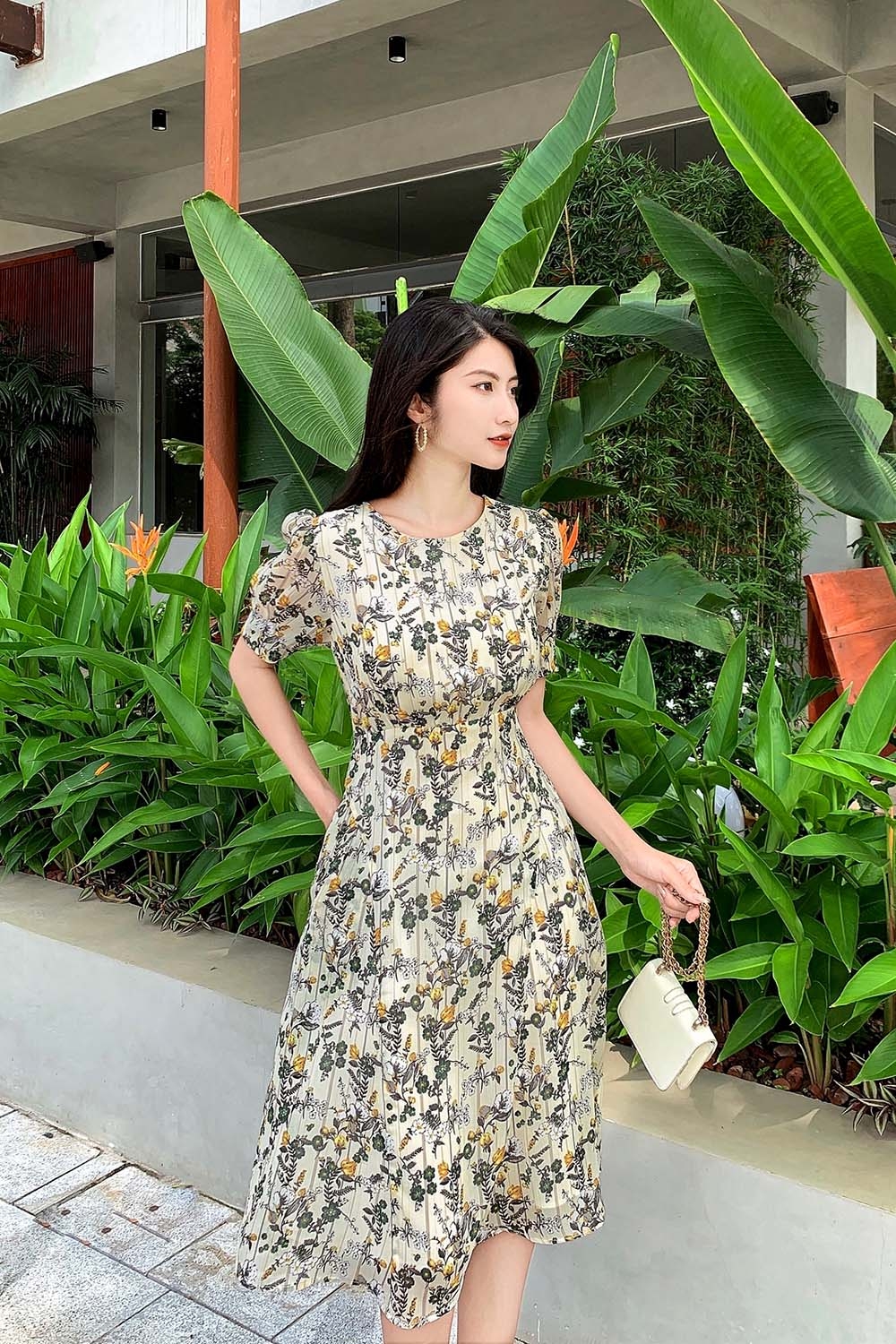 Đầm hoa công sở tay phồng 