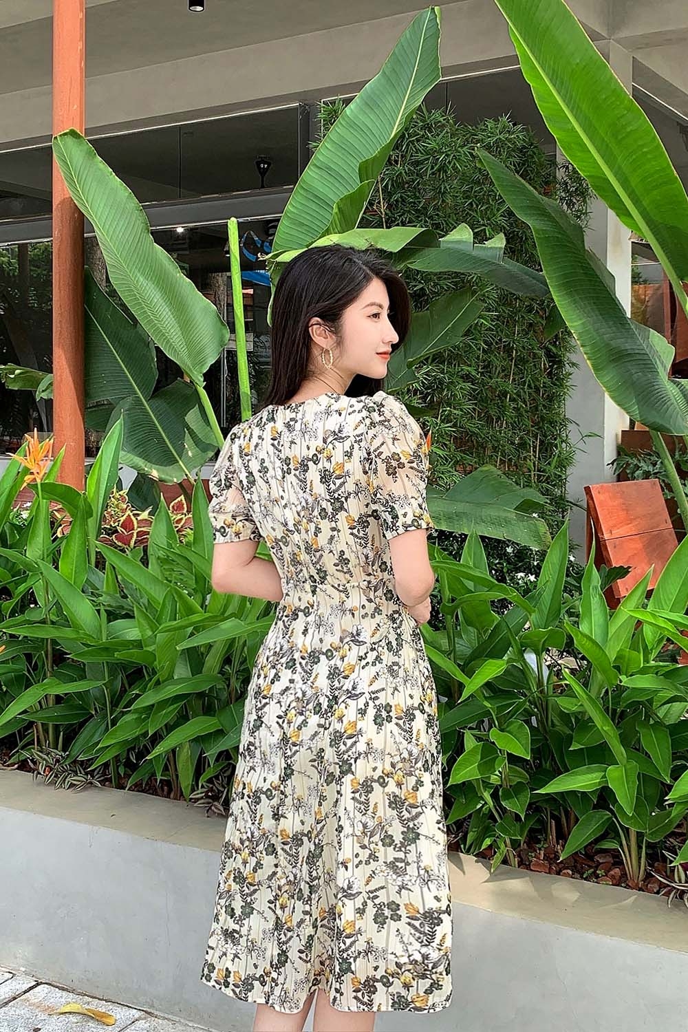 Đầm hoa công sở tay phồng 