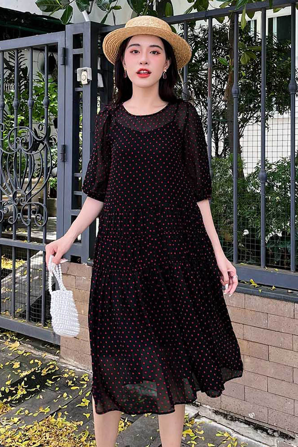 Đầm suông công sở họa tiết chấm bi