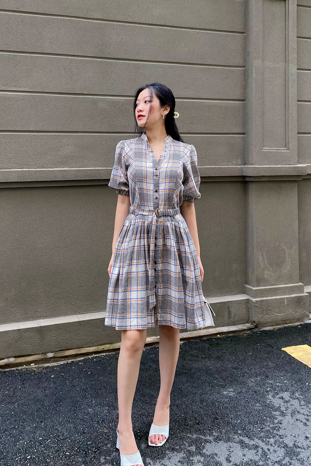 Đầm sơ mi kẻ phối dây thắt lưng 