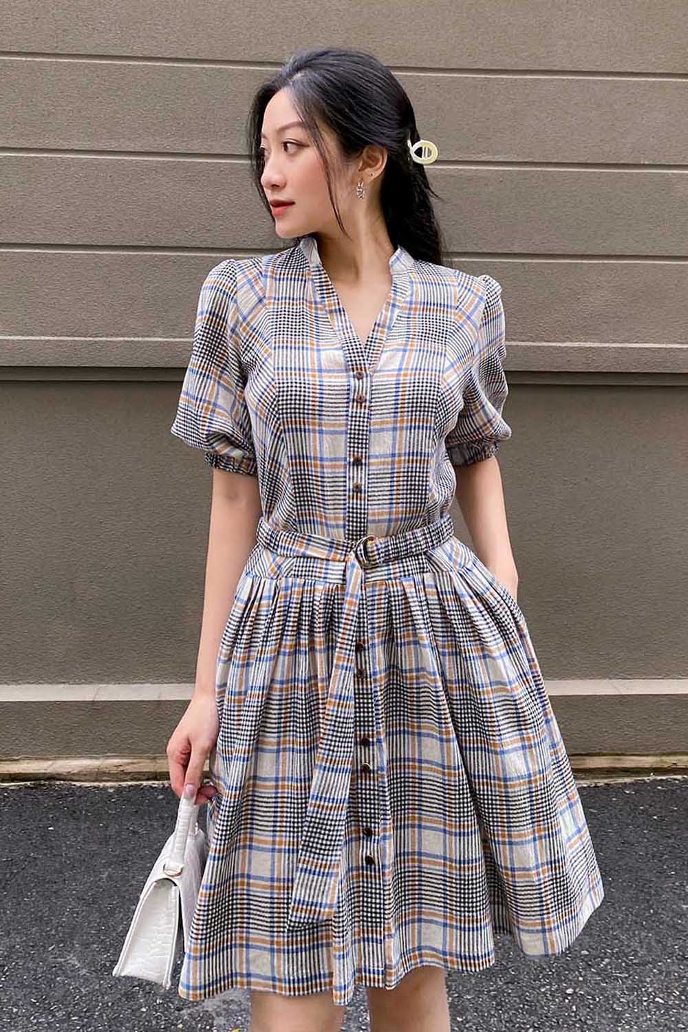 Đầm sơ mi kẻ phối dây thắt lưng 