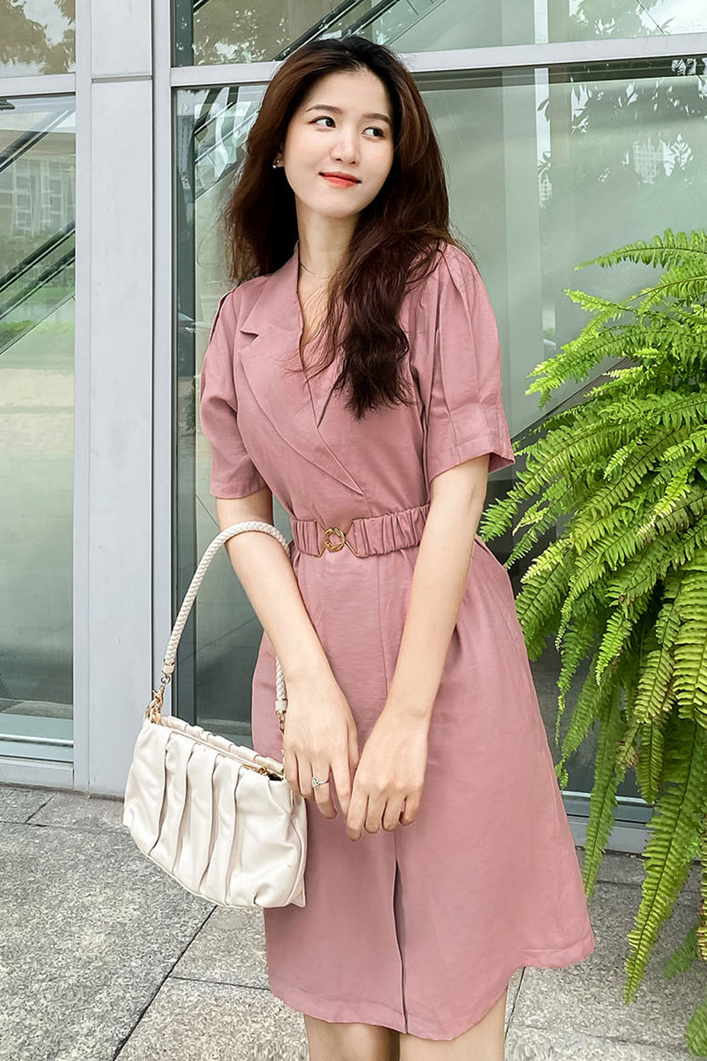 Đầm suông phối thắt lưng vải 