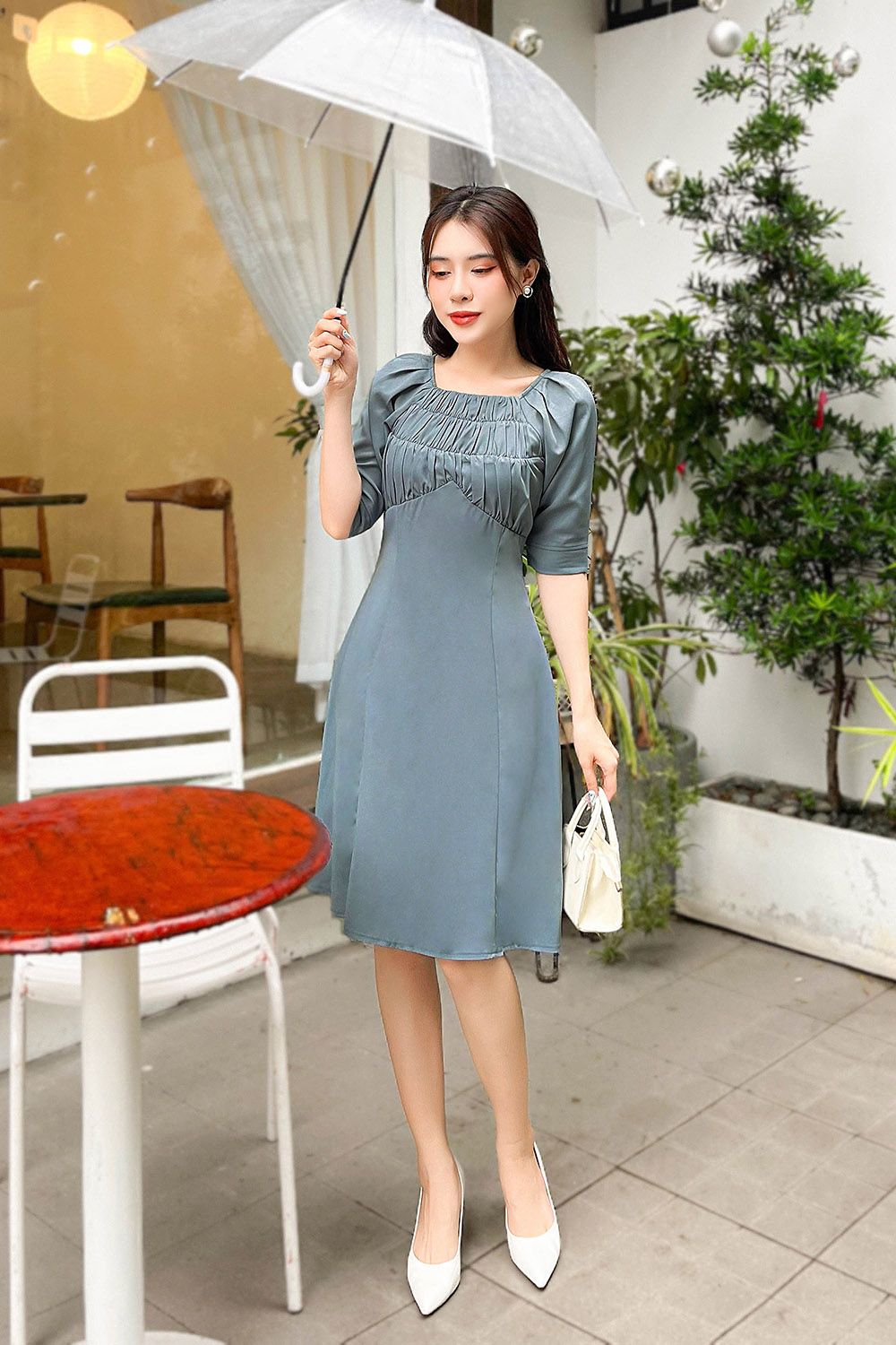 Đầm xòe công sở đơn sắc nhún ngực