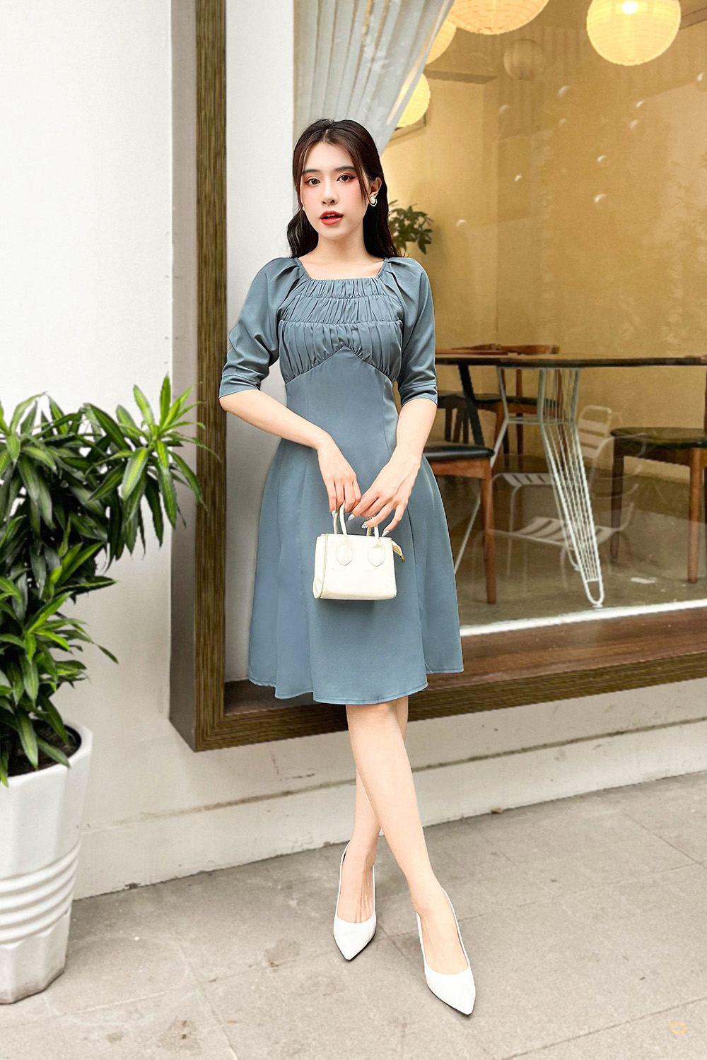 Đầm xòe công sở đơn sắc nhún ngực