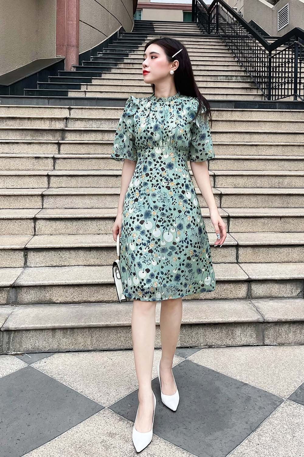 Đầm hoa dáng chữ A công sở phối bèo 