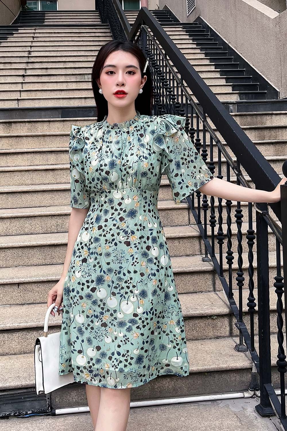 Đầm hoa dáng chữ A công sở phối bèo 