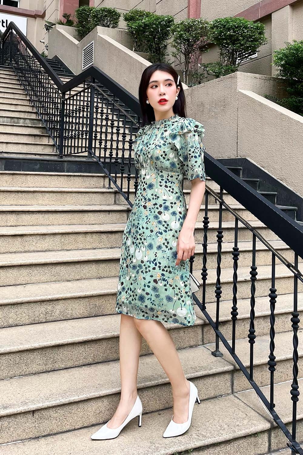 Đầm hoa dáng chữ A công sở phối bèo 