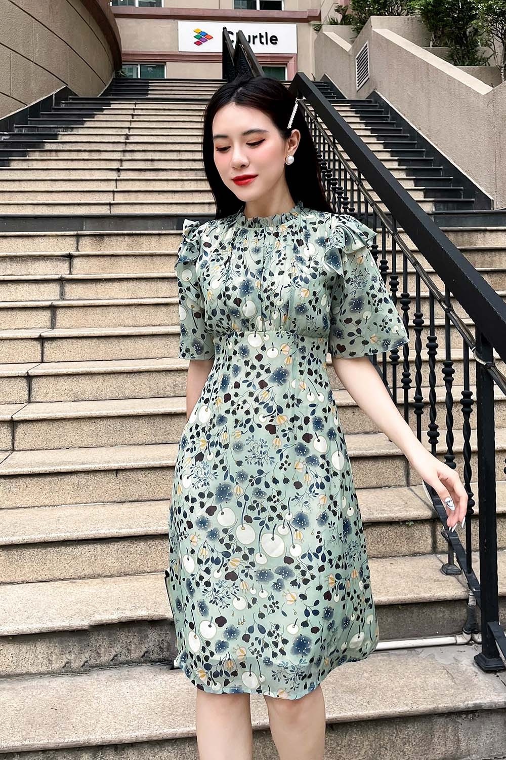 Đầm hoa dáng chữ A công sở phối bèo 