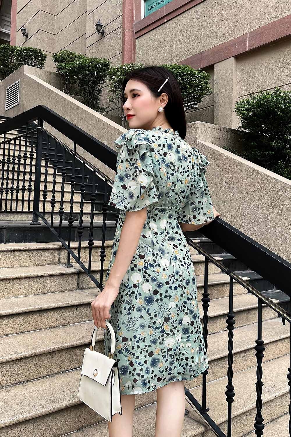 Đầm hoa dáng chữ A công sở phối bèo 