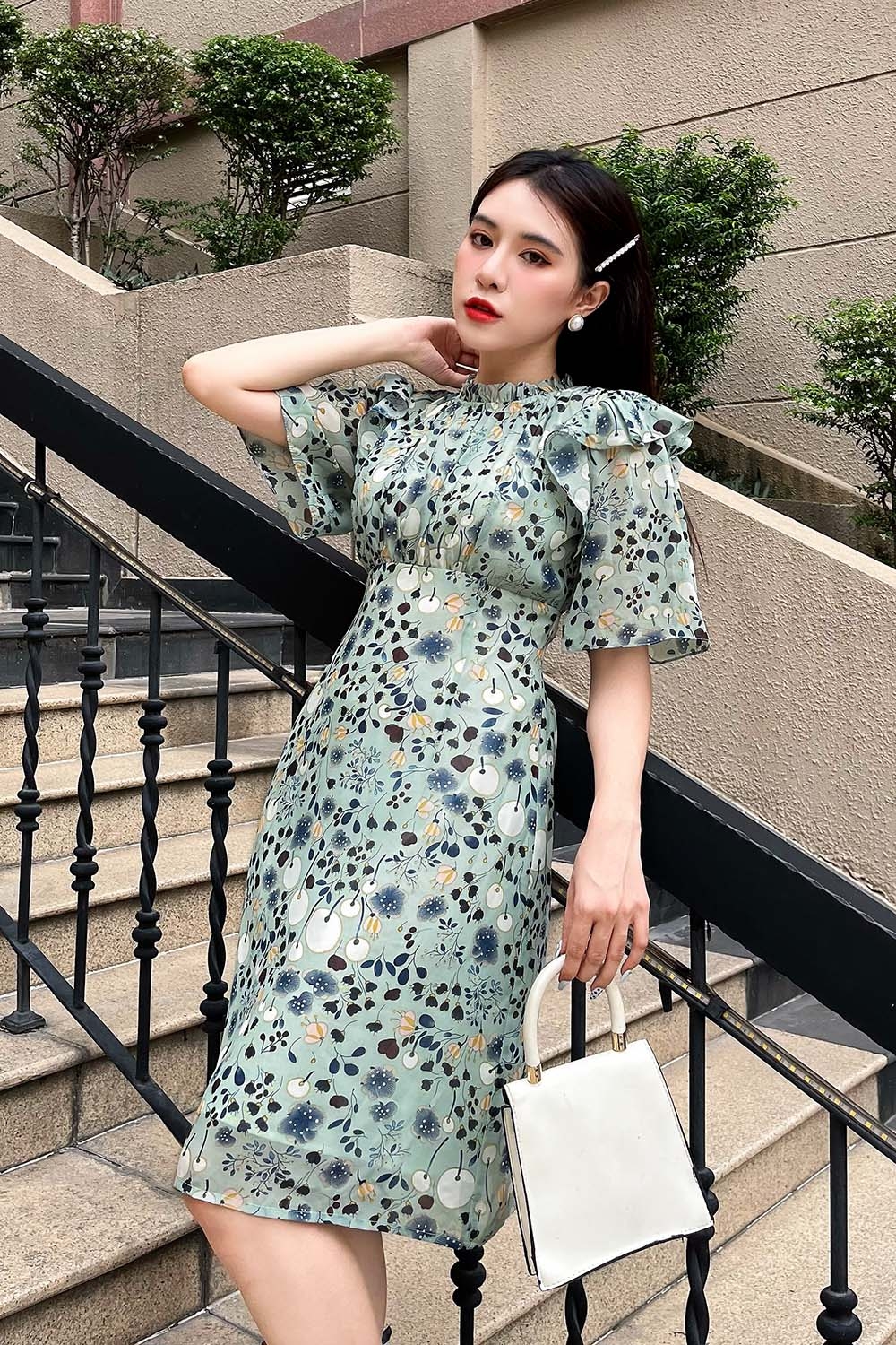 Đầm hoa dáng chữ A công sở phối bèo 