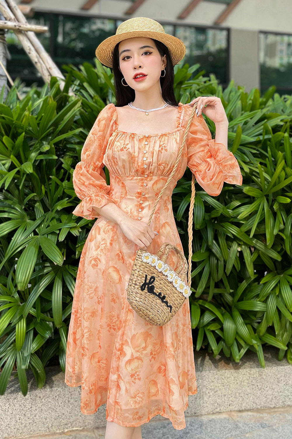 Đầm xòe hoa dáng dài nhún ngực 