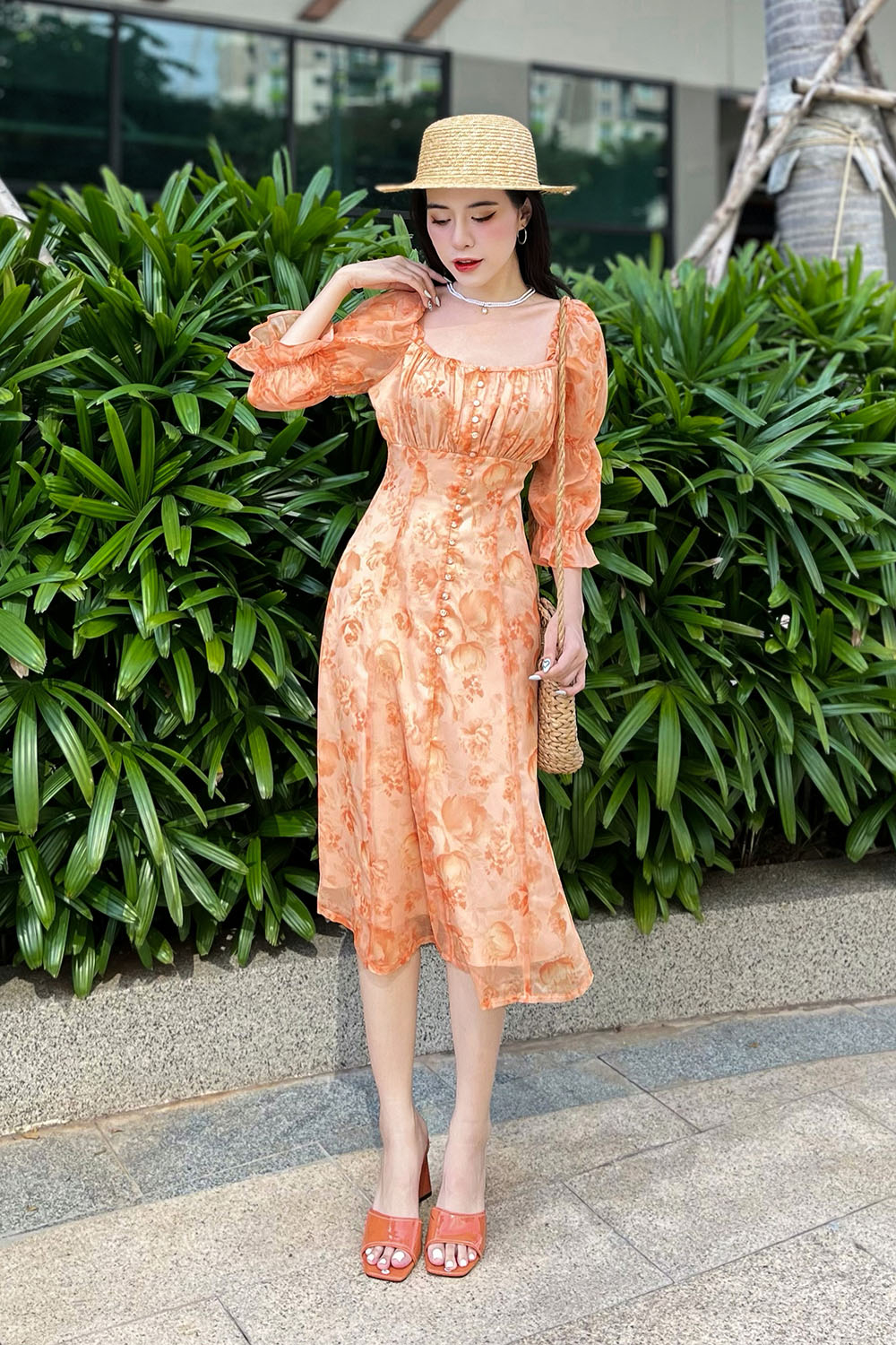 Đầm xòe hoa dáng dài nhún ngực 