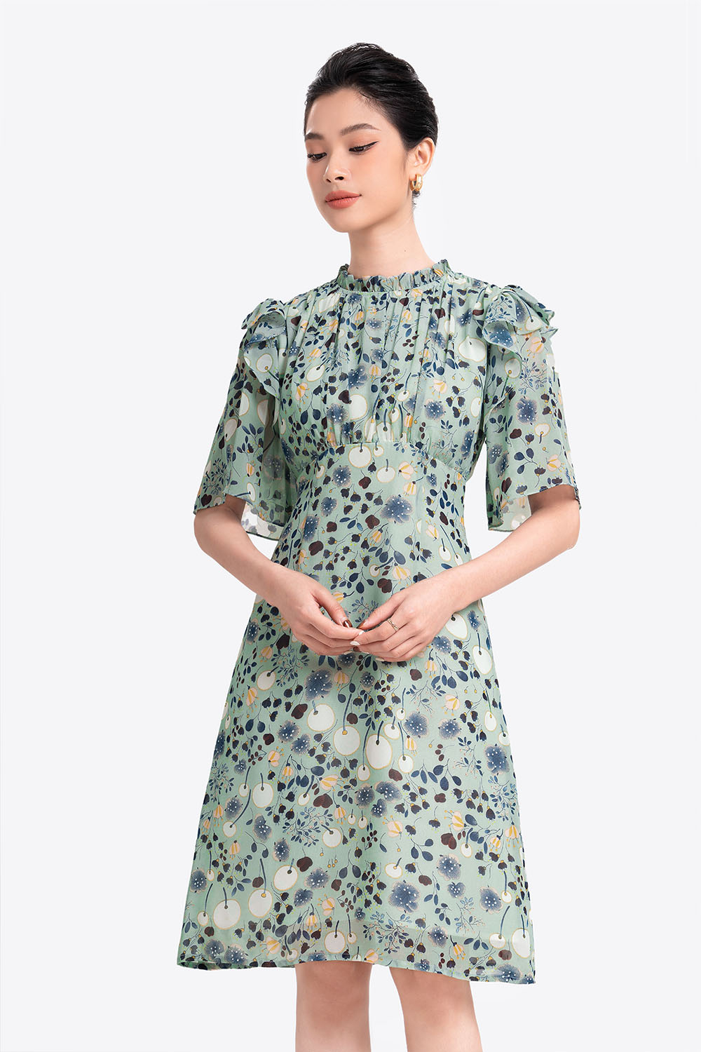 Đầm hoa dáng chữ A công sở phối bèo 