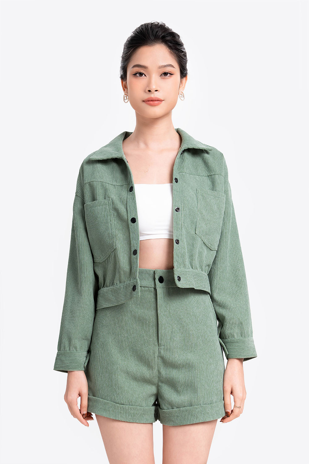 Áo khoác sơ mi lửng nữ tay dài 