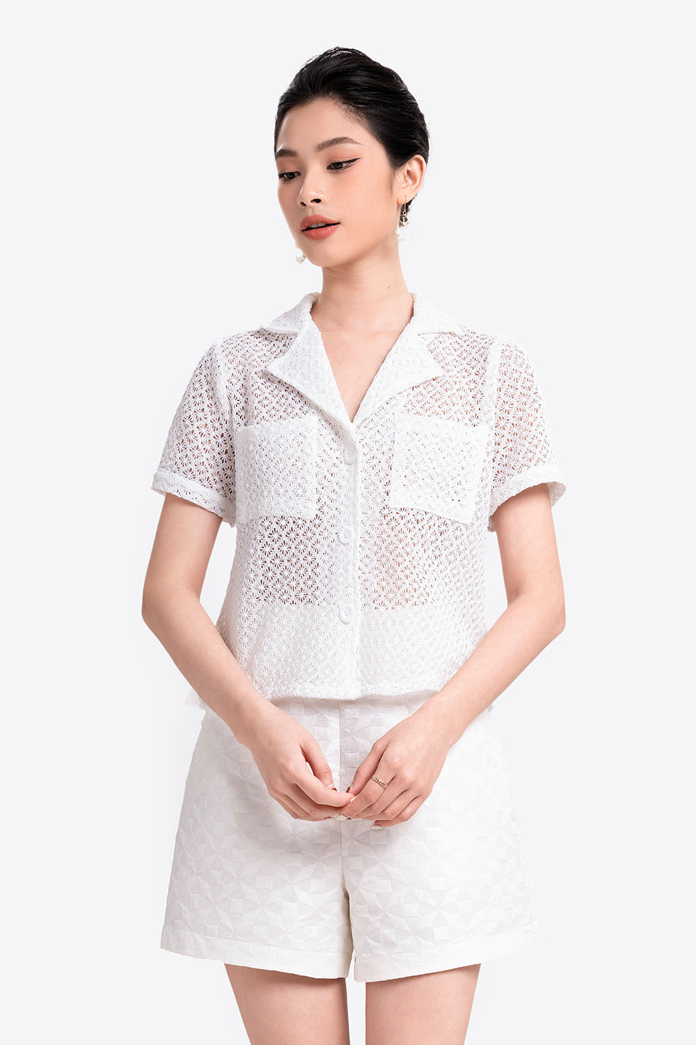 Áo sơ mi trắng nữ ren cotton 
