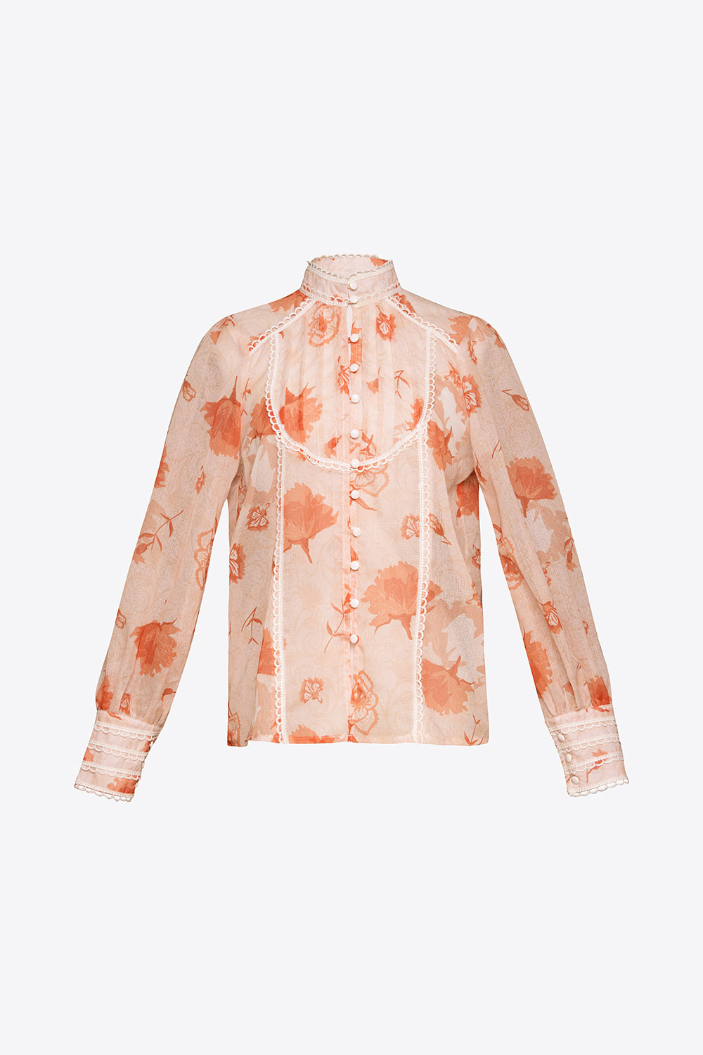 Áo sơ mi hoa tay dài viền đăng-ten 