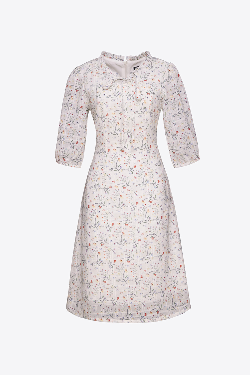 Đầm chữ A hoa nhí cổ viền bèo thắt nơ 