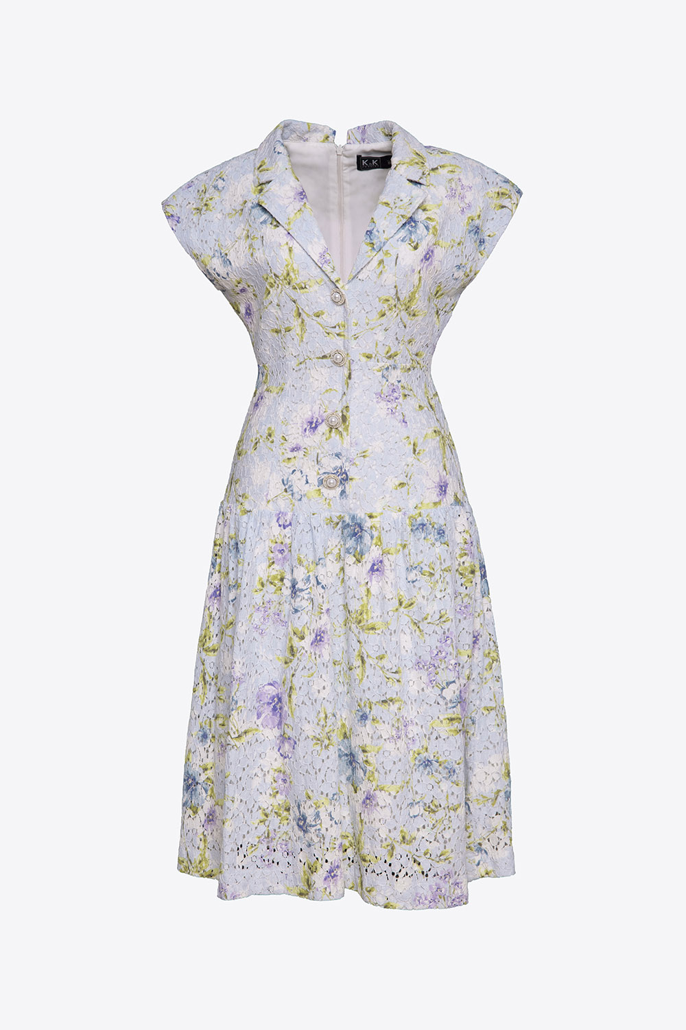 Đầm hoa xòe cổ đan tông tay hến 