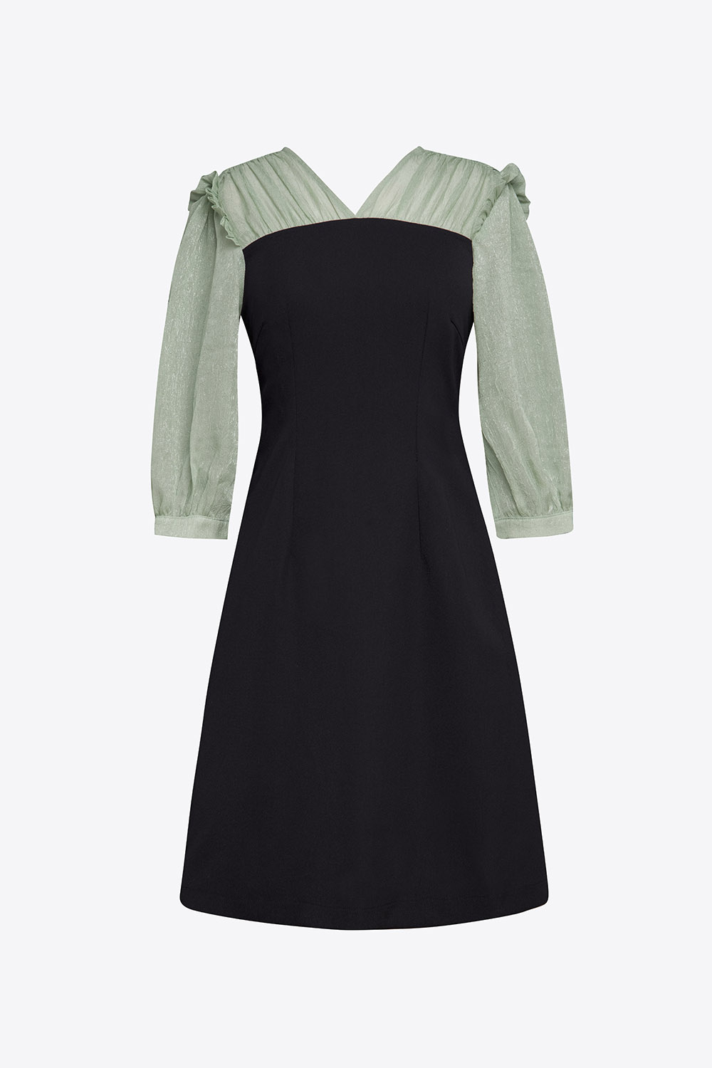 Đầm đen công sở phối màu tay dài cổ tim