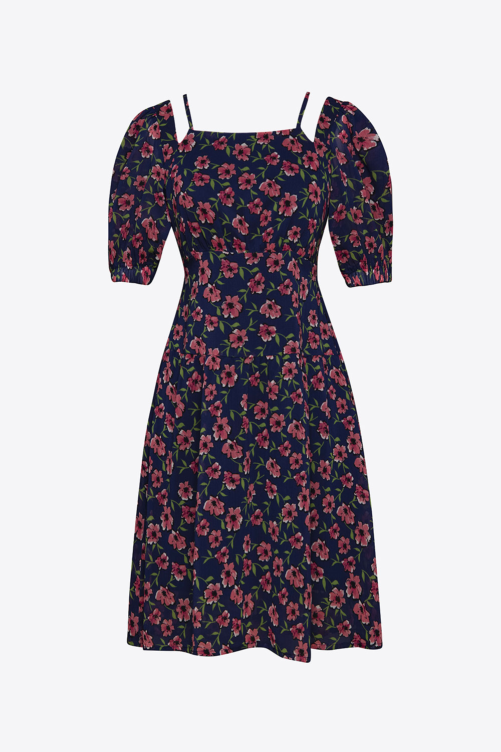 Đầm xòe họa tiết hoa tay phồng 