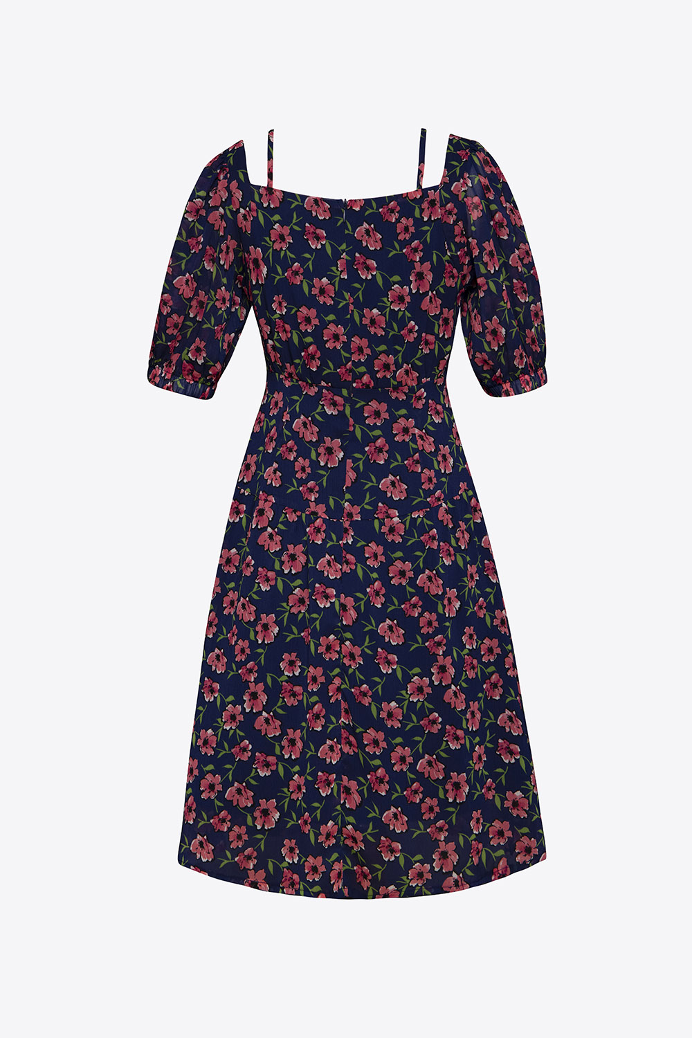 Đầm xòe họa tiết hoa tay phồng 