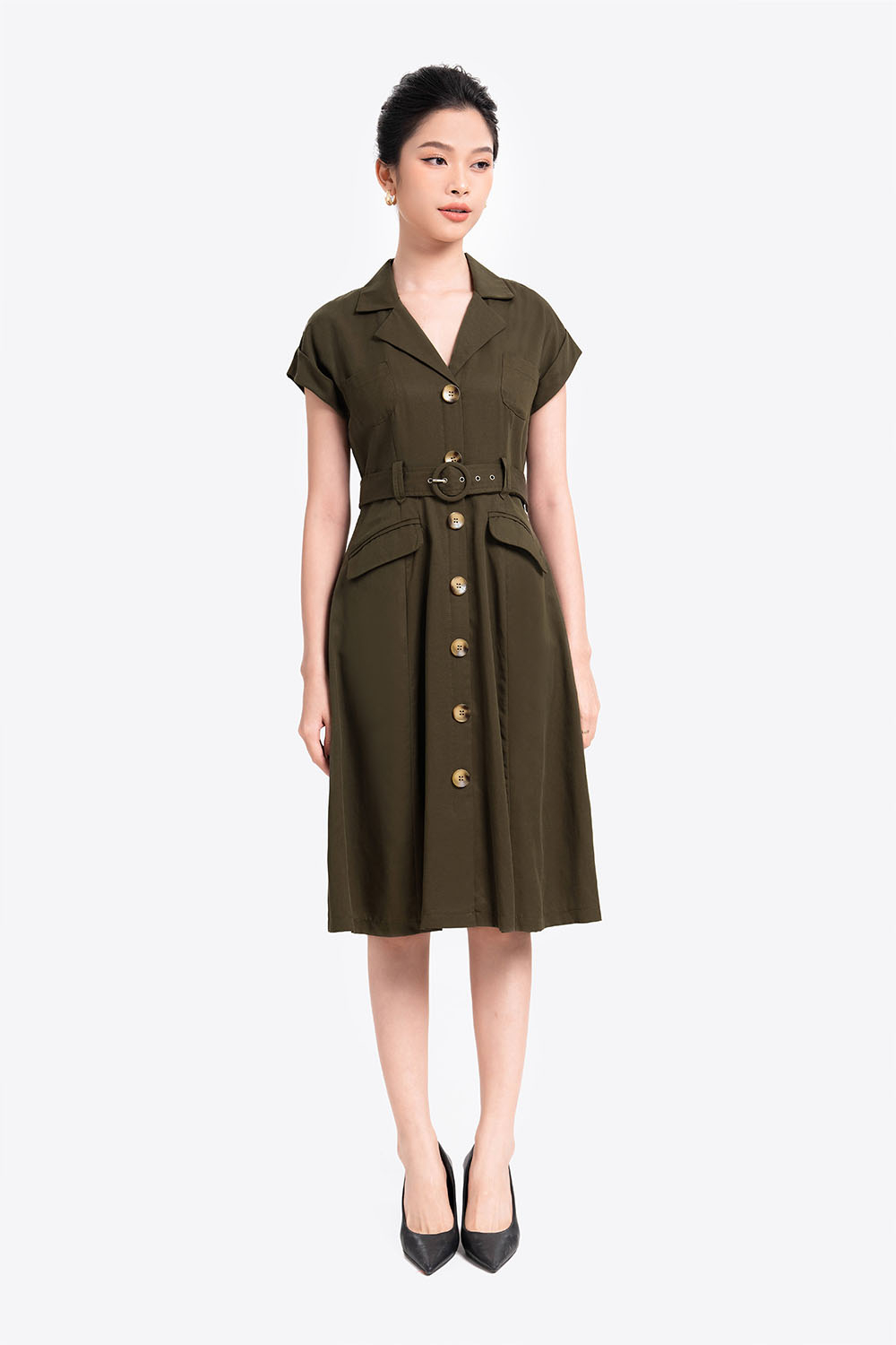 Đầm sơ mi công sở kèm thắt lưng vải 