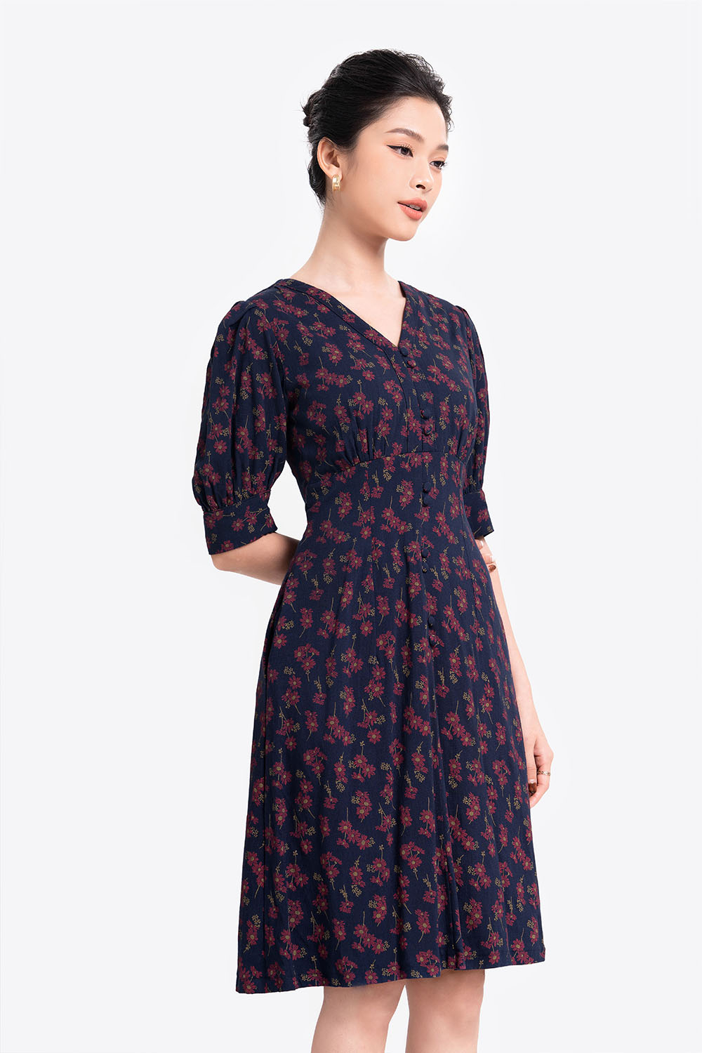 Đầm hoa nhí dáng chữ A công sở tay lỡ 