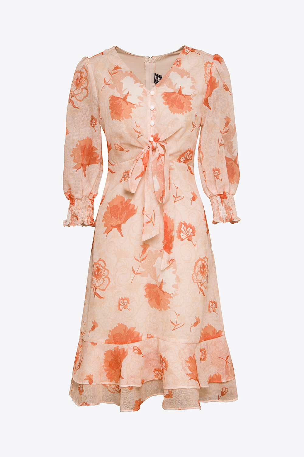 Đầm hoa chữ A đuôi cá phối nơ ở ngực