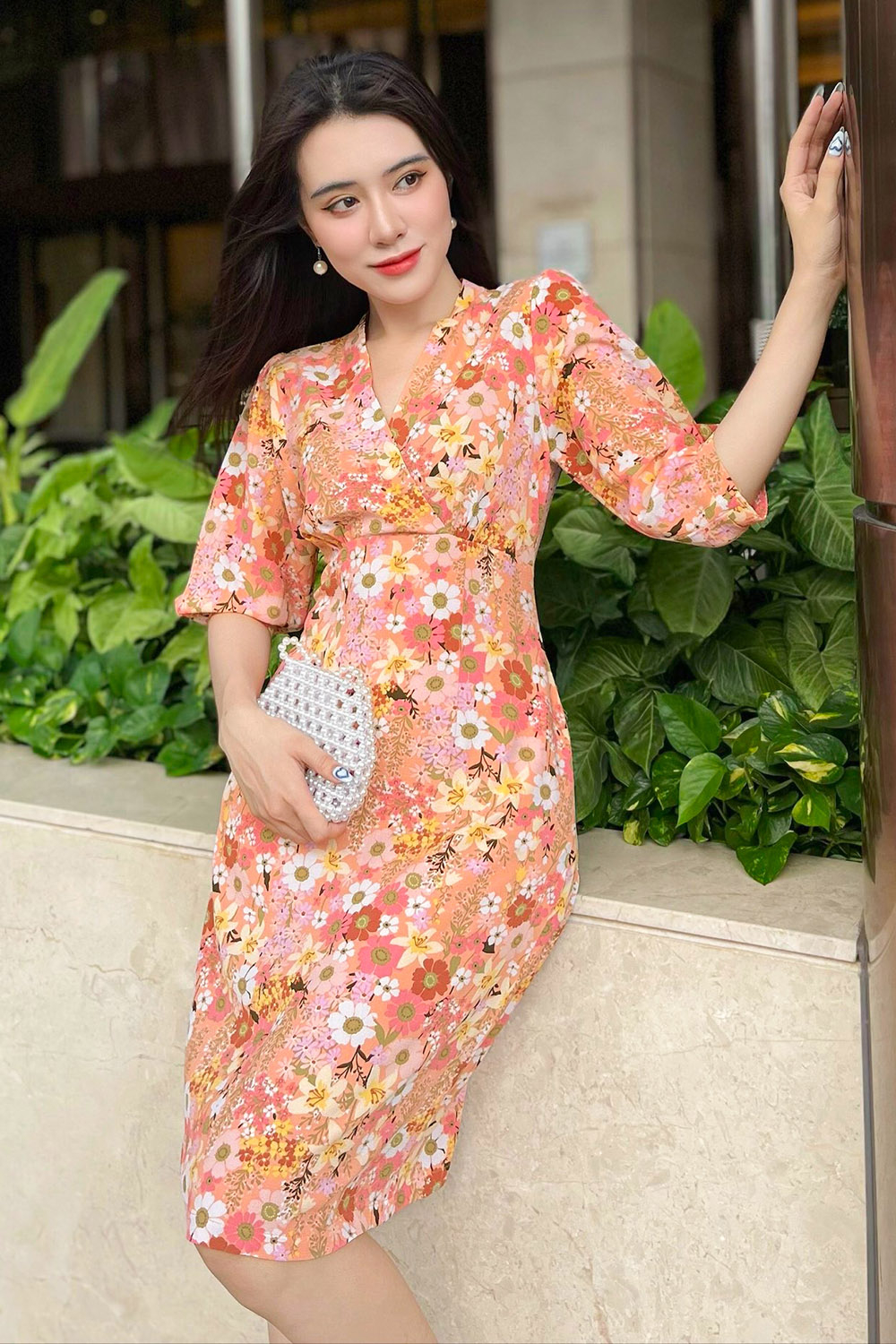 Đầm công sở chữ A họa tiết hoa