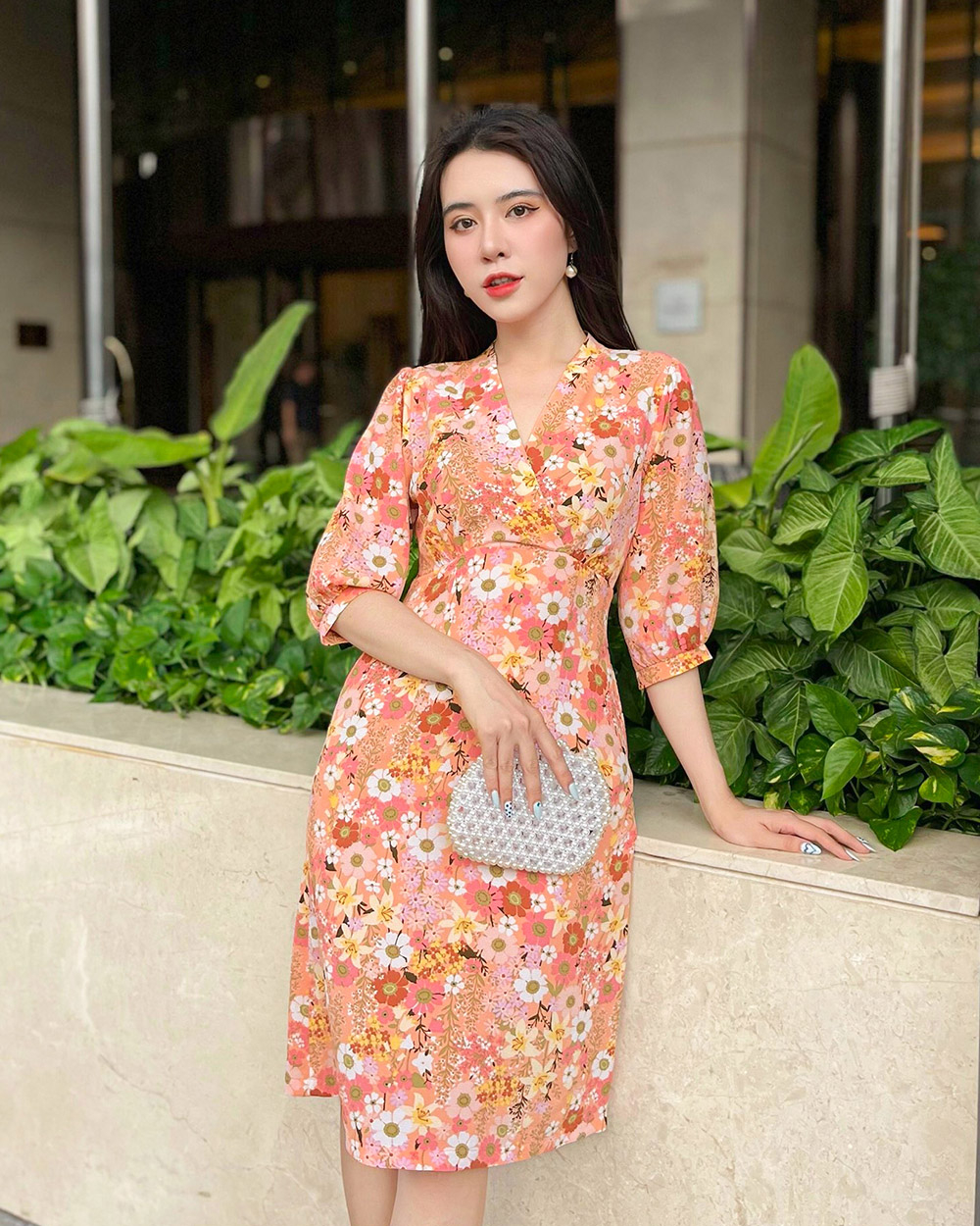 Đầm công sở chữ A họa tiết hoa