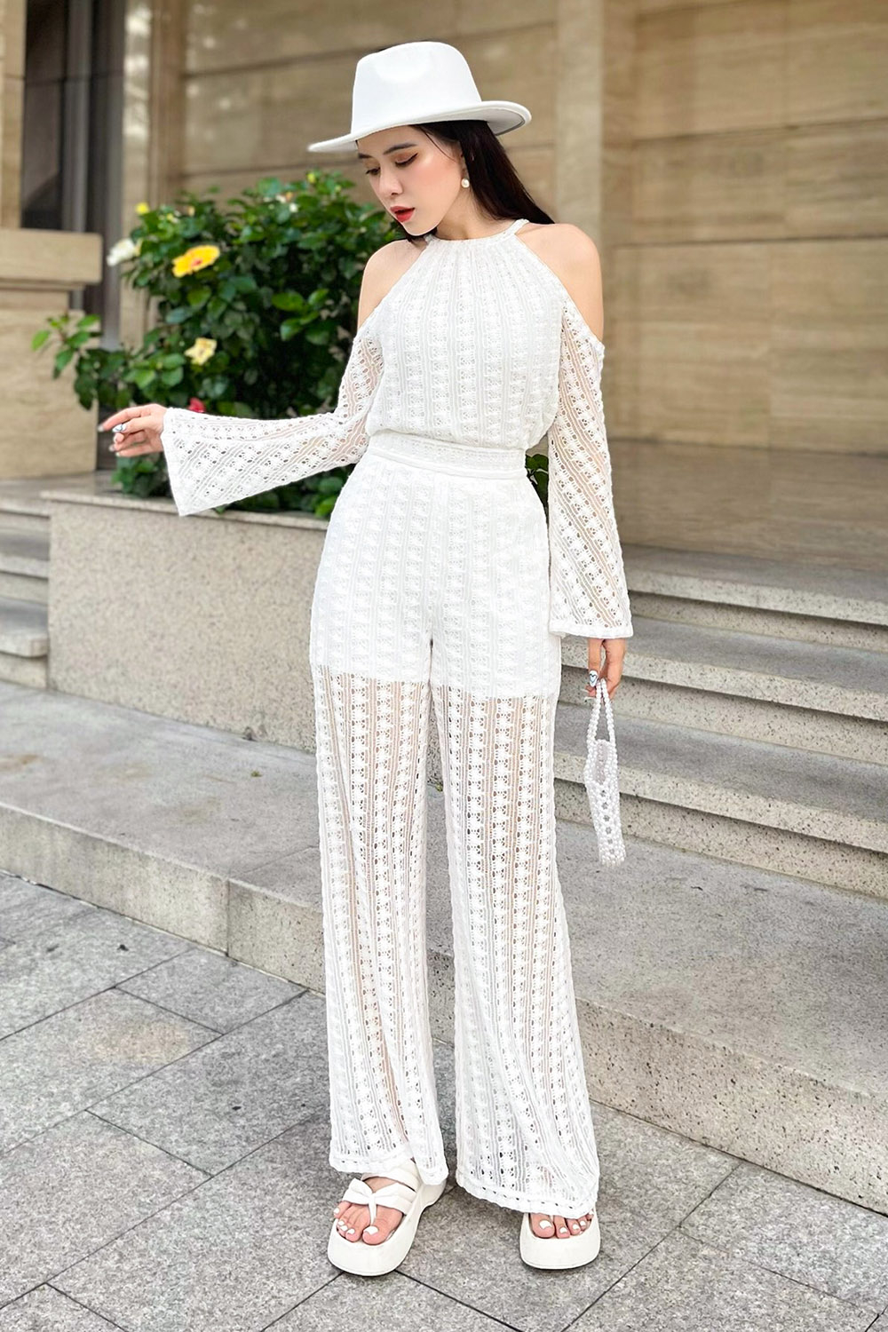 Quần dài nữ ống rộng hai lớp ren cotton