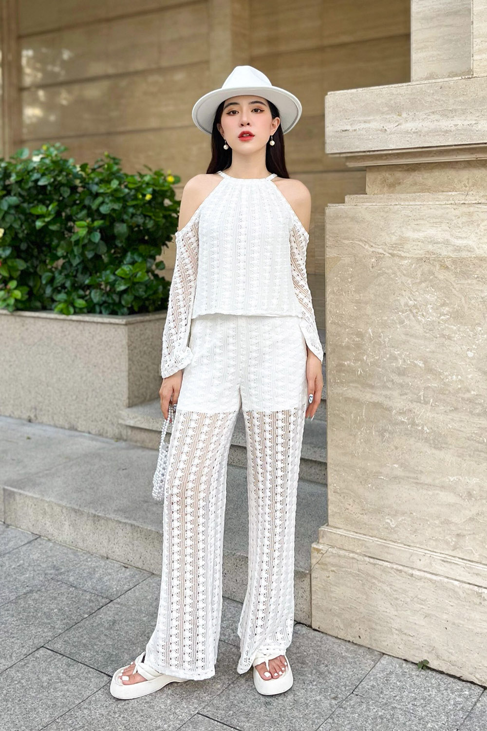 Quần dài nữ ống rộng hai lớp ren cotton